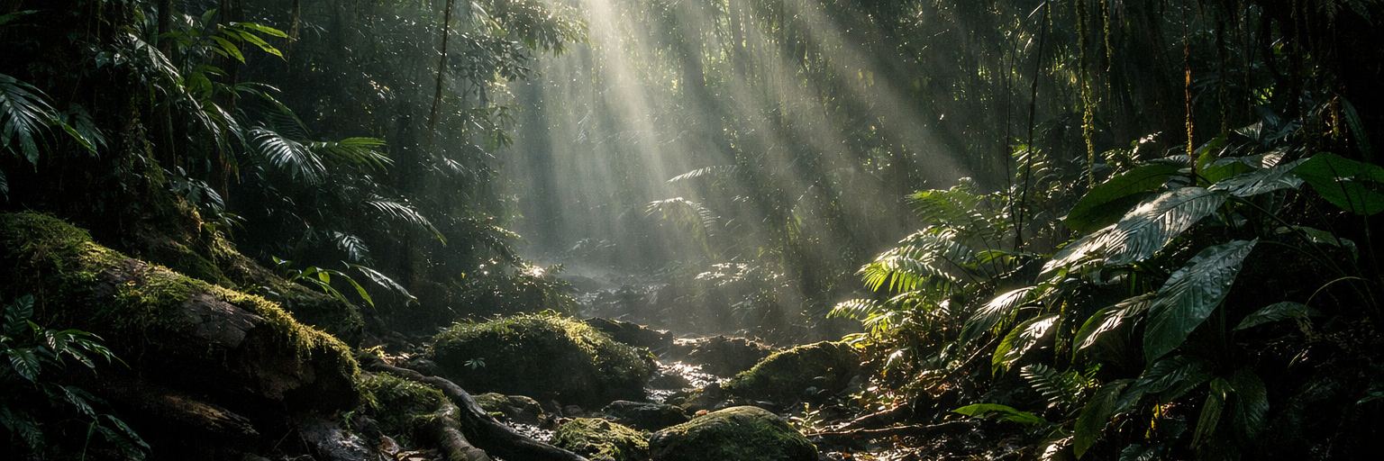 Sunlight filtering down through the layered green understory of a rainforest